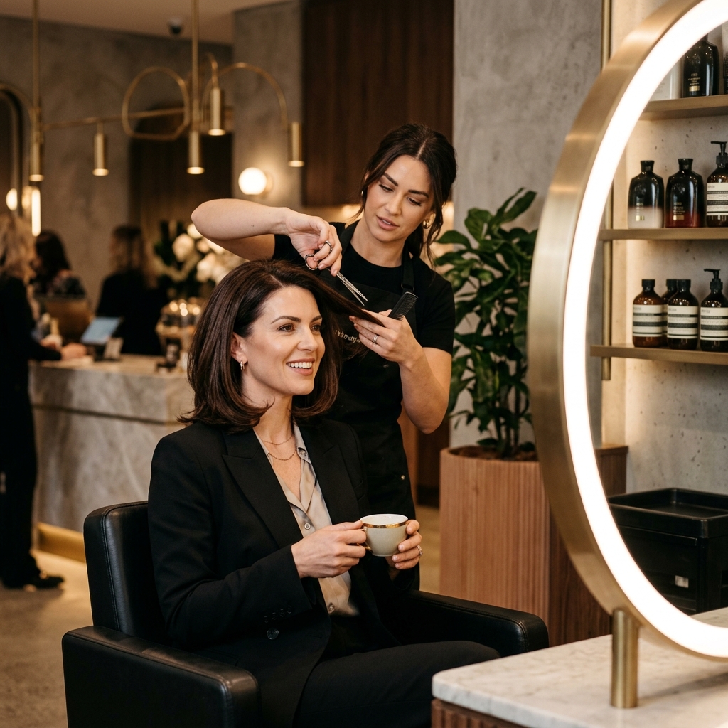 Mulher cortando o cabelo no salão